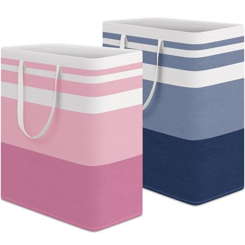 HomeHacks 2 Pack Large Laundry Baskets, Waterproof, Freestanding Laundry Hampers, Collapsible Clothes Hamper with Reinforced Handles in Laundry, College Dorm, Bathroom, Bedroom (Blue+Pink, 100Lx2)