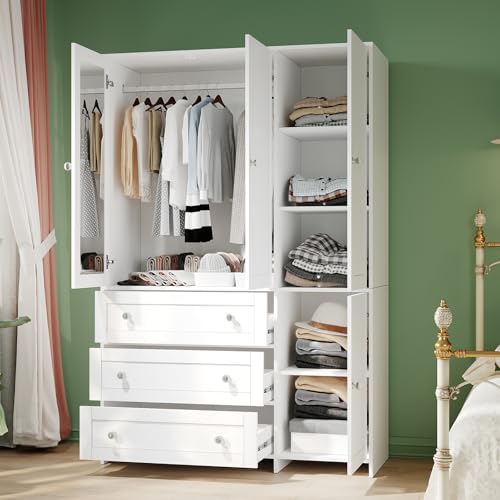 Image of VOWNER Armoire Wardrobe Closet with Drawers and Mirror, 71 inch Clothing Storage Cabinet with Hanging Rod, 4 Doors Wooden Wardrobe Cabinet for Bedroom, Large Capacity Storage