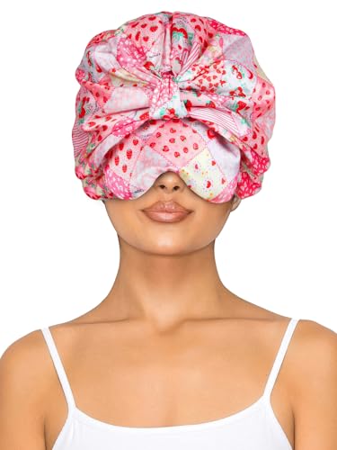 Vettres Double Layer Satin Bonnet with Eye Mask Adjustable Silk Sleep Cap Turban Style Hair Wrap for Curly Hair Pink Strawberry