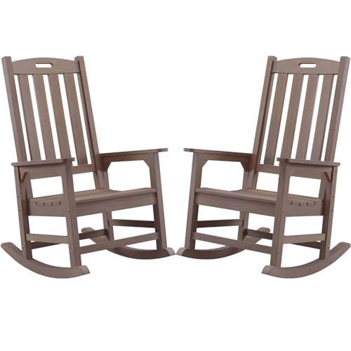 Psilvam Oversized Outdoor Rocking Chair Set of 2, Porch Rocker with 21\" Wide Seat and 32\" Tall Backrest, Pre-Assembled with Most Components for Effortless Installation (Brown)