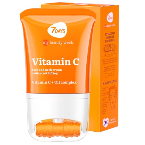 7Days Crema Viso con Vitamina C + Massaggiatore | Ringiovanente, Illuminante e Nutriente per la Pelle | Effetto Lifting e Idratante | Cosmetici Coreani Antietà 80ml