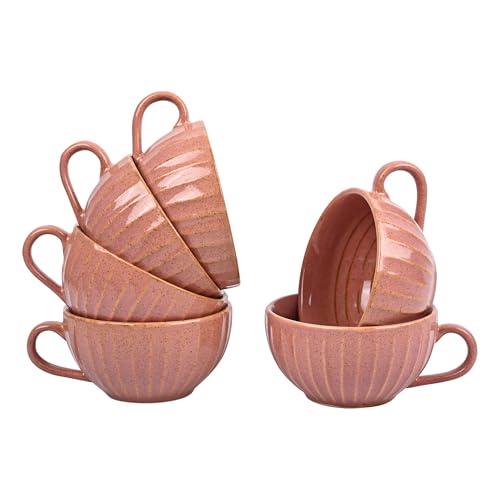 Image of Premium Pink Ceramic Tea Cup Set of 6 | Handmade Stoneware Coffee & Tea Mugs | 220 ml Each | Microwave, Dishwasher Safe | Textured Design | Chai Cups for Home, Office & Gifting