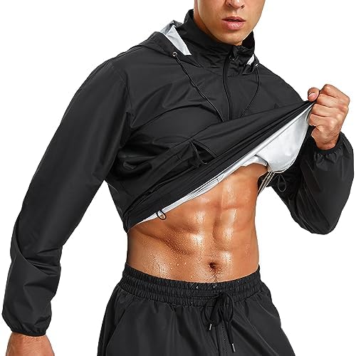 Junlan Sauna Jacket for Men Sweat Jacket Zipper Hoodie Sauna Suit for Workout (Black, Large)