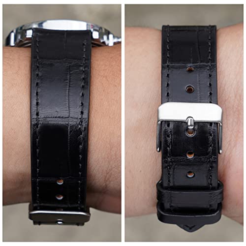 22Mm Black Flat Alligator Leather Watch Band Men Custom Crocodile Belly Quick Release Slim Vintage Replacement Wristwatch Strap Silver Tag Buckles Personal Bespoke No Padding Handmade Dh-No-01-22Mm-A2 #TOP6