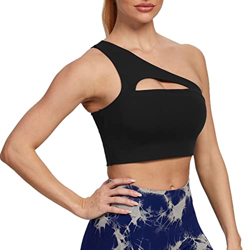 Aoxjox Women's Workout Sports Bras Fitness Gym Olivia Asymmetric One Shoulder Padded Bra Yoga Crop Tank Top (Black, Small) #TOP18