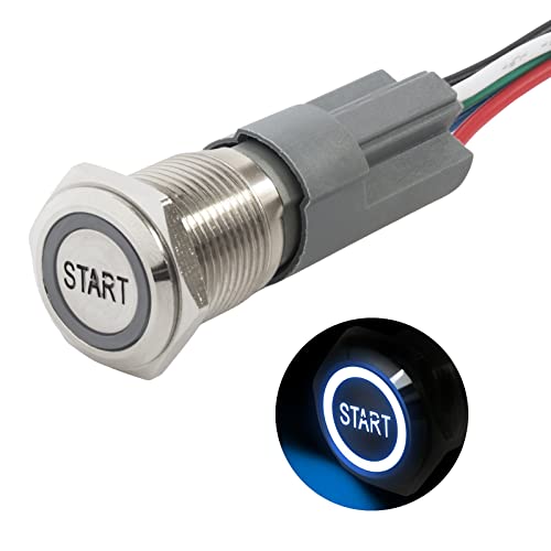 OSXCAUES 16mm Interrupteur à bouton-poussoir momentané en métal 12V/24V 5 broches acier inoxydable à réinitialisation étanche avec anneau lumineux LED et symbole de START (lumière bleue) Cover