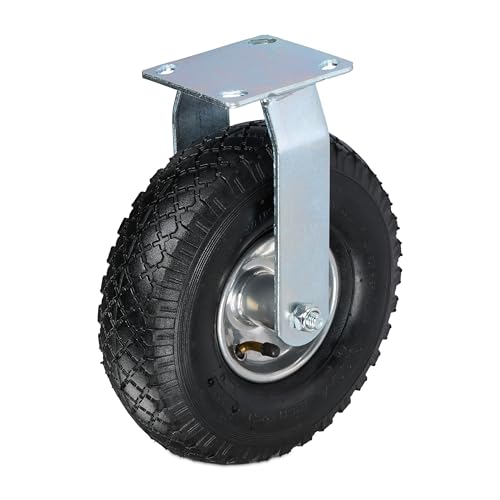 Relaxdays 3.00-4 Ruota per Carrello Fissa, Rotella per Mobili e Carico di Portata 120 kg, Gomma Gonfiabile, Nero Argento, Acciaio
