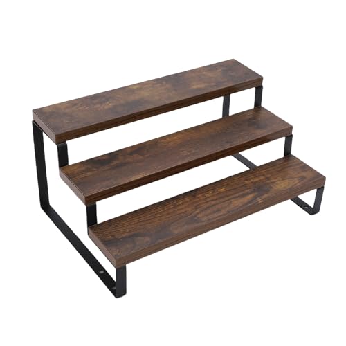 BAFOVY Présentoir surélevé en Bois, étagère à 3 Niveaux en Bois à Grain Rustique pour Organisateur de Parfums, avec Pieds en Fer Renforcés, Rangement Décoratif Gain de Place pour Salle (3 niveaux)