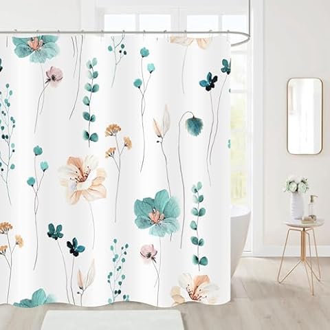 BIVINAR Teal Orange Watercolor Shower Curtain 72 x 72 Inch, Waterproof Fabric Floral Shower Curtains for Bathroom, Minimalist Wildflower Shower Curtain with 12 Hooks Cover