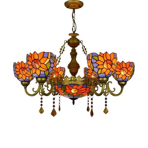 Lámpara de techo Tiffany de 6 cabezas, 6 pulgadas, luz de techo, girasol azul, decoración de estilo vintage, lámpara colgante de cristal para comedor, sala de estar, dormitorio, restaurante, pasillo
