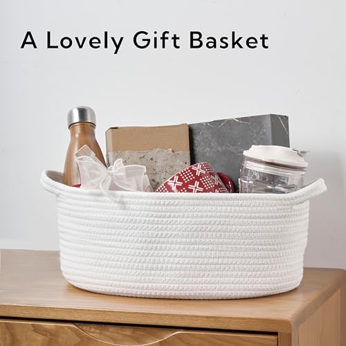 Kodomoore Small Woven Gift Basket Empty with Bag & Ribbon - Gifts for Mom, Baby Shower, Birthdays & Raffle - Cotton Rope Storage Basket for Dog Toys or Shelf - 13.4\"x10\"x5.5\", Large, White