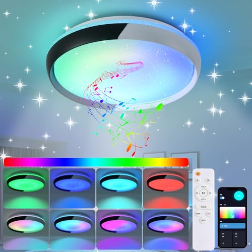 HENTAG LED Ceiling Light Fixture, Dimmable RGB Color Changing LED Lights, 15 Inch Smart Lights for Bedroom, Built-in Bluetooth Speaker, App & Remote Control for Living Room, Bathroom, Kitchen by HENTAG - Used condition - Image 5