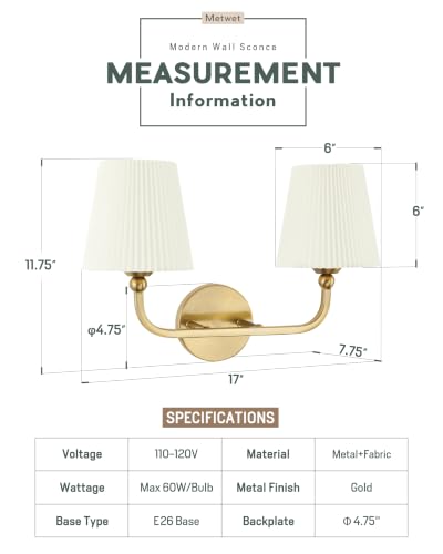 Image of 2-Light Gold Bathroom Vanity Light, Beige Pleated Fabric Shade | 17 inch 2-light gold double wall sconce with beige pleated fabric shades, E26 bulbs, hardwired, upward only, VL837-BG-Z-B-2