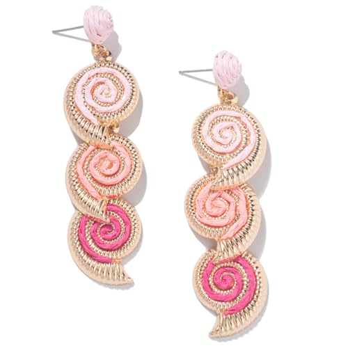 Pink Raffia Conch Dangle Drop Earrings Boho Summer Beach Chunky Jewelry by FANCY SHINY - Used condition - US$10.20