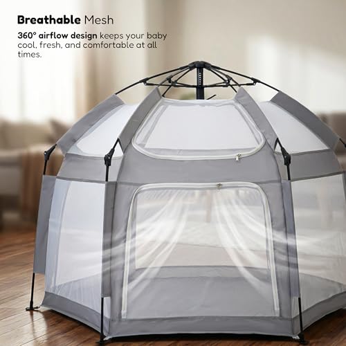 Image of Baybee 140 x 110 Cm JoyNest Kids Playpen for Babies Up to 5 Years | Foldable Playard for Babies with Mosquito Protection & Zipper Lock | Baby Indoor & Outdoor Play Area Setup with Hexagon shape for Extra Space (Light Grey)