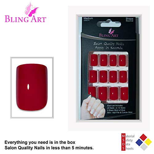 False Nails Bling Art French Fake Red Fire Squoval 24 Acrylic Medium Tips Glue #TOP4