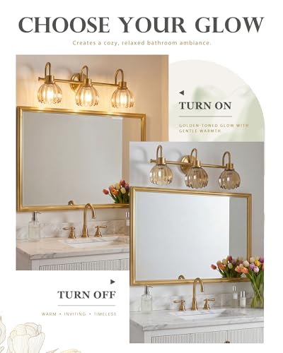 Image of 3-Light Gold Bathroom Vanity Light, Amber Tulip Glass Shade | 21 Inch Bathroom Light Fixtures Over Mirror, Modern Brass Vanity Lighting Fixtures, AD-22282-3W-GD-OR