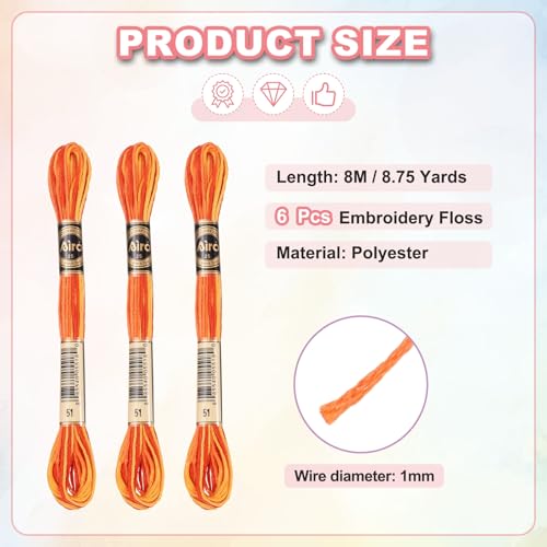 Image of PATIKIL 6 Skeins Embroidery Floss, Polyester Embroidery Threads Bracelets String for Cross-Stitch Hand Embroidery, Orange