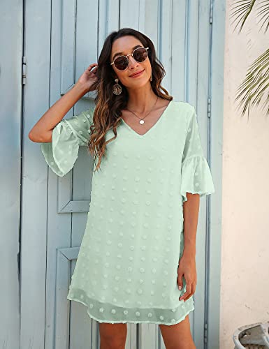 Image of Blooming Jelly Womens White Dresses Short Sleeve V Neck Ruffle Cute Sun Dress Chiffon Flowy Shift Mini Dress