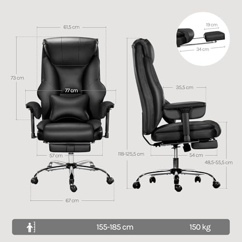 Sedia da Ufficio Regolabile in Altezza, con Poggiatesta, Cuscino Lombare, Poggiapiedi Retrattile, Braccioli Regolabili, Poltrona Ufficio con Funzione Dondolo, per Ufficio e Casa, in PU, Nero - Sedia gaming - Immagine 2