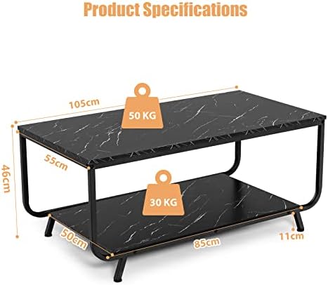 COSTWAY 2-Tier Coffee Table, Faux Marble Cocktail Tea Center Table with Storage Shelf, Metal Frame Modern Accent Sofa End Side Tables for Living Room, Bedroom and Office, Black