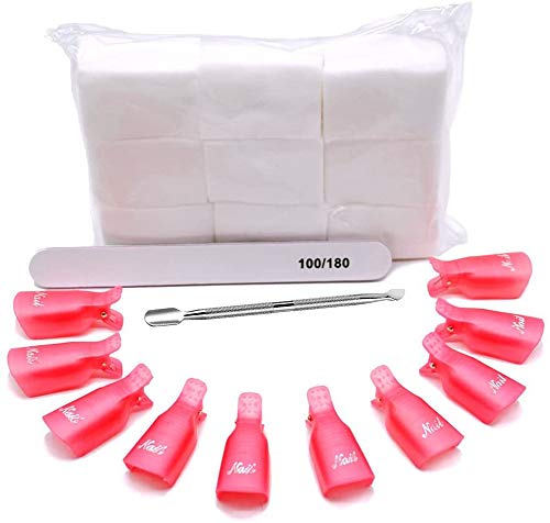 ArRord Professional Nail Polish Remover Tools Kit Set/10 Pcs Nail Polish Remover Clips/800 Pieces Nail Polish Remover Cotton Pads/1 Pc 100/180 Nail File/1 Pc Spoon Steel Nail Cleaner Tool
