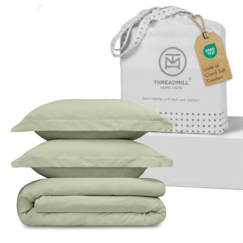 Threadmill Sage Green Duvet Cover Queen Size Bedding Set, Breathable Comforter Cover, Soft 3-Pc Cotton Queen Duvet Cover Set with 2 Pillow Shams, Strong Button Closure & Corner Ties, Fits Full Duvet