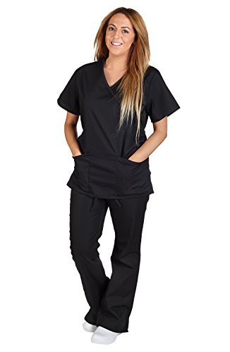 Natural Uniforms Mock Wrap Women's Medical Work Wear Top and Pants (M Black)