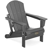 SERWALL Folding Adirondack Chair with Cup Holder for Outdoor, All-Weather Patio Chairs with Wood Texture, Fire Pit Chairs for Deck Porch Garden - Gray