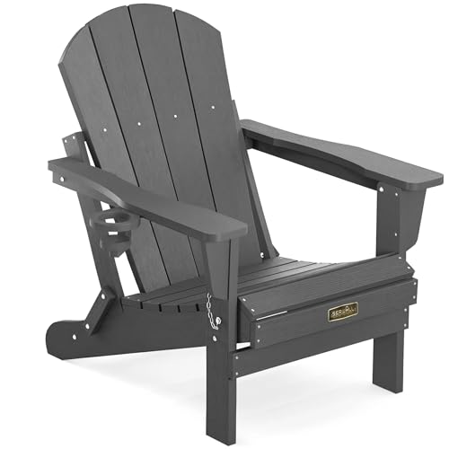 SERWALL Folding Adirondack Chair with Cup Holder for Outdoor, All-Weather Patio Chairs with Wood Texture, Fire Pit Chairs for Deck Porch Garden - Gray
