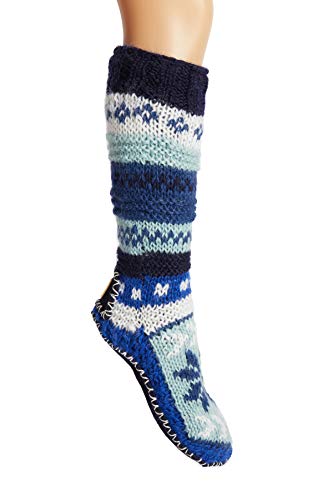 Image of Tibetan Socks Hand Knit Wool Fleece Lined Long Slipper Socks with Non Slip Soles
