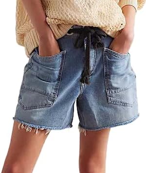 Womens Drawstring Jean Shorts Y2k High Waisted Wide Leg Denim Baggy Jorts Summer Loose Fit Cargo Shorts with Pockets