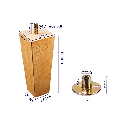 Hanmfei Solid Wood Furniture Legs, Couch Legs Sets Of 4, Square Mid-Century Sofa Legs Replacement For Couch Sofa Dresser Chair Etc, 5/8-In, With Mounting Attachment Plates (6In) #TOP4