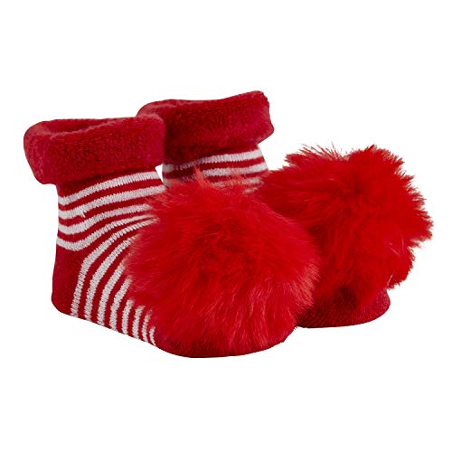 Stephan Baby Non-Skid Christmas Socks with Faux Fur Pom Poms, Red + White Stripe, Fits 3-12 Months