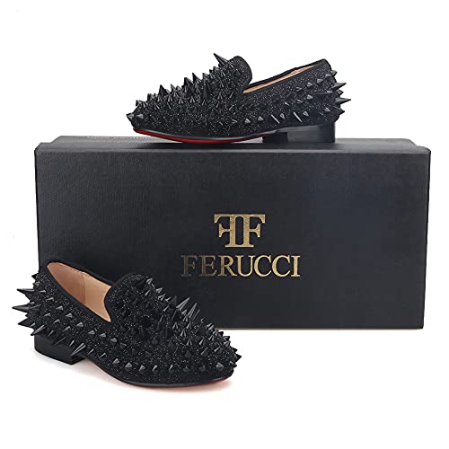 Ferucci Kids Boys Black Spikes Rhinestones Velvet Loafer Wedding Gala Partys Tie Event (Numeric_12) #TOP1