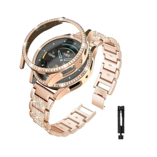 [PLYYQZM] �X�e�����X�X�`�[���̎��v�X�g���b�v+PC�P�[�X�B�ɍ��� Sam su ng Galaxy Watch 7 FE 6 5 4 44mm/40mm�����ی�P�[�X�����o���h�ɓK�p(A-Rose Golden,For Galaxy 7 40mm