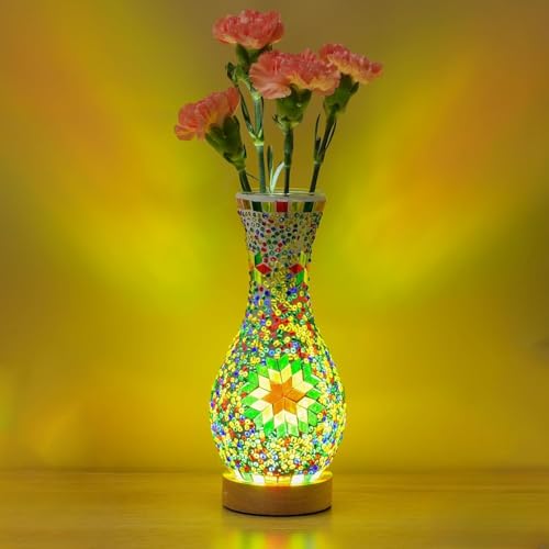 Maimeili Rétro lampe de vase en mosaïque turque lampe de table marocaine turque vase en verre fait à la main coloré avec base en bois pour fleurs USB charge décor lumière pour chambre Ambient