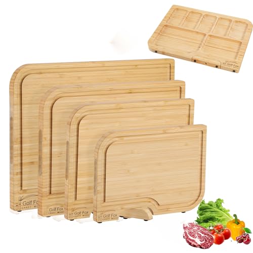 4-PCS Bamboo Cutting Board Set with Innovative Stand - Durable Double Sided Wooden Cutting Board with Juice Groove & Handle for Meal Prep, Meat, Charcuterie Serving, Eco-Friendly Healthy Kitchen Gift by GolfFox - Used condition - US$29.33