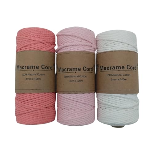 COZENTA マクラメ糸 マクラメヤーン 紐 コットン 手芸 編み物 3mm 100m 3色セット (ピンク 薄ピンク 白)