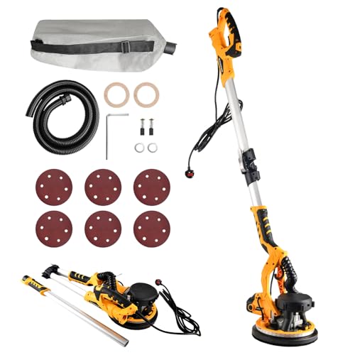 Drywall Sander, 1250W Polo Dry Wall Sanders with Vacuum Dust Collection/LED Light, 5 Speed 800-2200RPM 6Pcs Sanding Discs Extendable Electric Sanding Machine for Walls Ceiling (Drywall Sander)