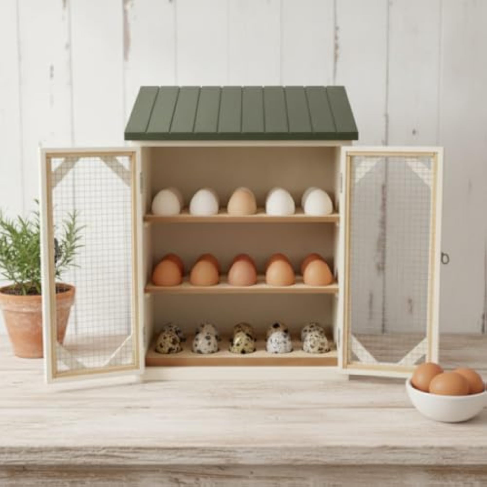 Farmhouse Egg Cabinet with Mesh Doors