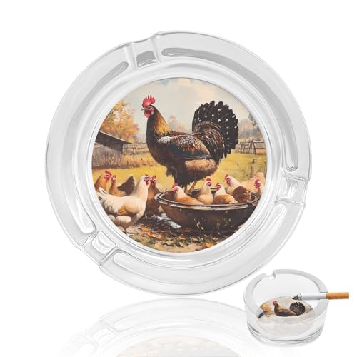 Image of Chickens Hens Rooster Cock Cigarettes Glass Ashtrays Table Top Cigar Ash Tray for Indoor Outdoor Decoration Craft
