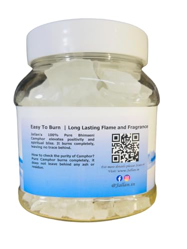 Image of Jallan Pure Bhimseni Camphor (Original)| 250g Jar| Lab Certified 100% Pure Pacha karpooram Original| 100% Natural Organic and Original Kapoor| Purifying & Pleasant Fragrance for Pooja, Hawan, Air Freshener| Use for Camphor Diffuser Electric