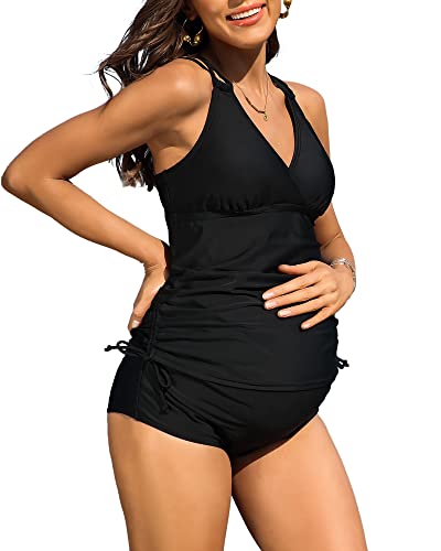 Charmo Pregnancy Strappy V Neck Retro 2 Piece Bathing Suit High Waist Ruched Swimsuits Modest Drawstring Maternity Tankini Black L #TOP18