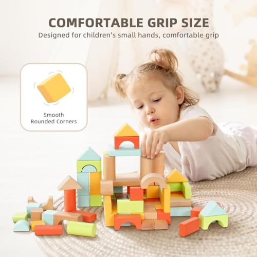 Pidoko Kids 100pcs Building Blocks for Toddlers 1-3, Wooden Blocks for Kids with Storage Bucket and Shape Sorter Lid Montessori Toys for 1 2 3 Year Old, Learning Toys for Preschool Girls and Boys