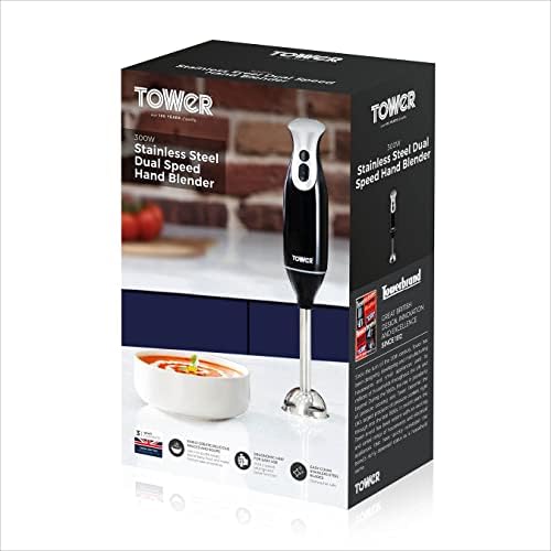 Tower T12014 Hand Blender, Durable Steel Blades and Turbo Function 300W, Black and Stainless Steel