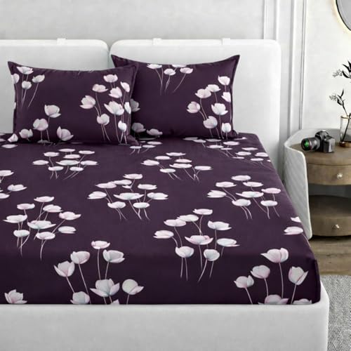 Image of King Size Bedsheet Cotton for Double Bed | Flat - 90x100 Inch, Floral, Soft & Breathable, Fade & Shrink Resistant, 2 Pillow Covers | Plum Tulip Glow, Plum Purple