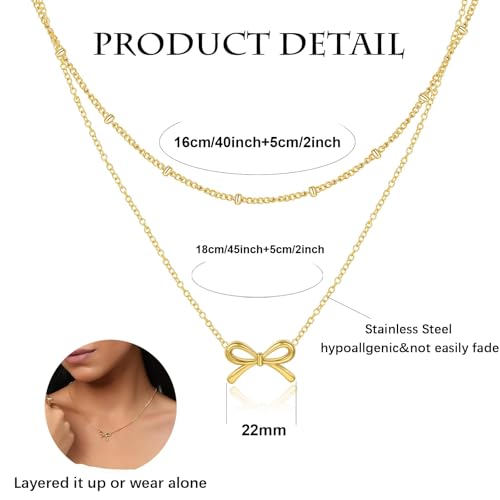 CANDYFANCY Gold Bow Necklace for Women 18k Golden Plated Bow Pendant Necklace Cute Bowknot Charm Choker Layered Necklaces Birthday Christmas Faith Jewelry Gifts for Friends Mom Daughter Sister Her by CANDYFANCY - Used condition - Image 8