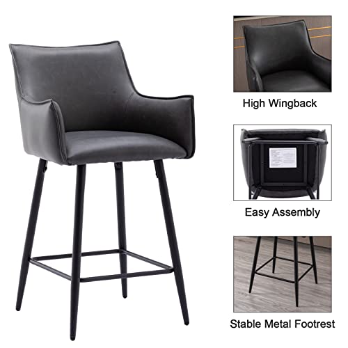 Zsarts 26" Grey Bar Stools Set Of 4, Modern Faux Leather Counter Height Barstools Upholstered Kitchen Chairs With Legs And Footrest For Home Bar Dining Room Pub (Grey) #TOP4