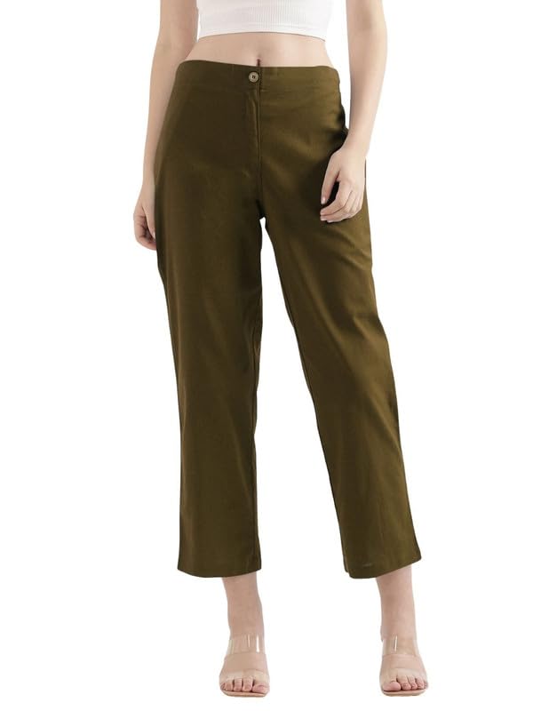 Image of SAADAA Women's Airy Linen Straight Pants | Regular Fit Trousers | Half Elasticated with Drawstrings & Buttons | 4 Pockets | Everyday & Office Wear